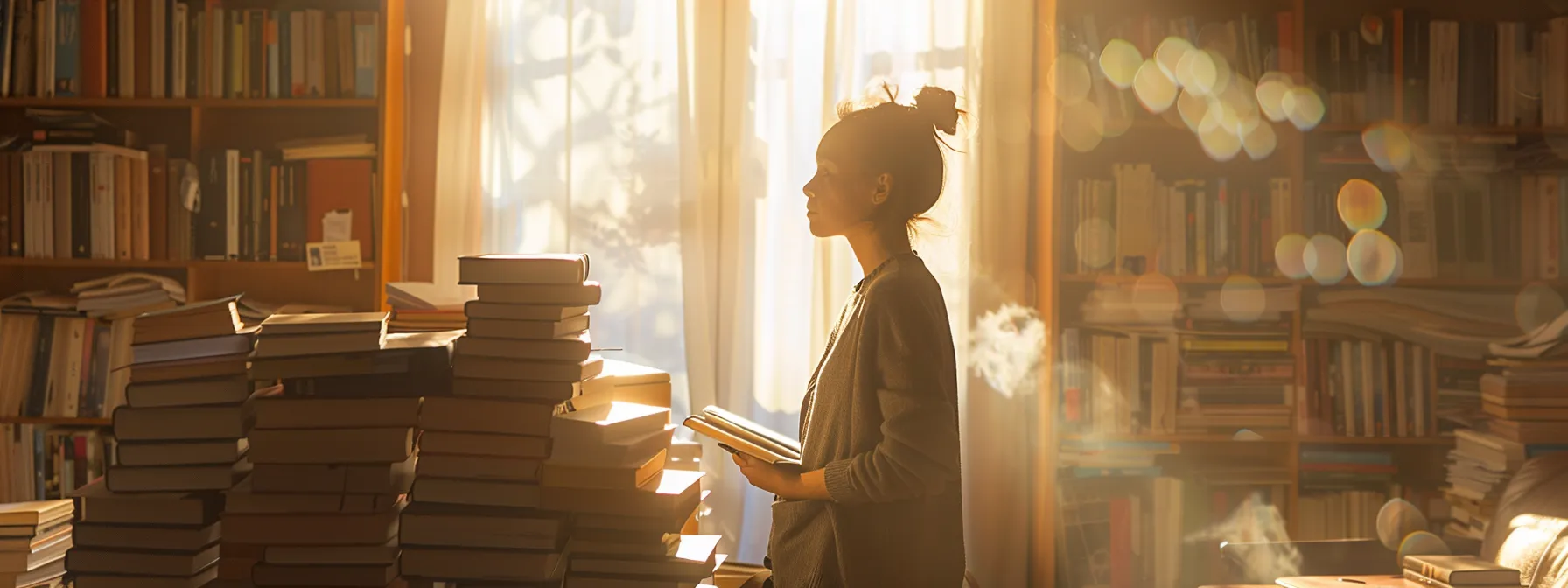 a person standing in a peaceful morning setting, surrounded by books and journals, reflecting on their goals and progress.