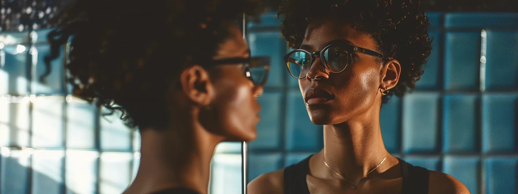 a person standing in front of a mirror, looking determined and confident, surrounded by positive affirmations and uplifting quotes.