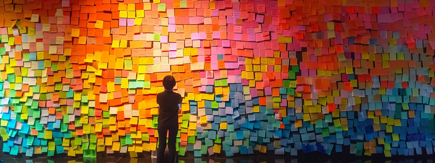 a person standing in front of a wall covered in colorful post-it notes and brainstorming ideas with a determined expression on their face.