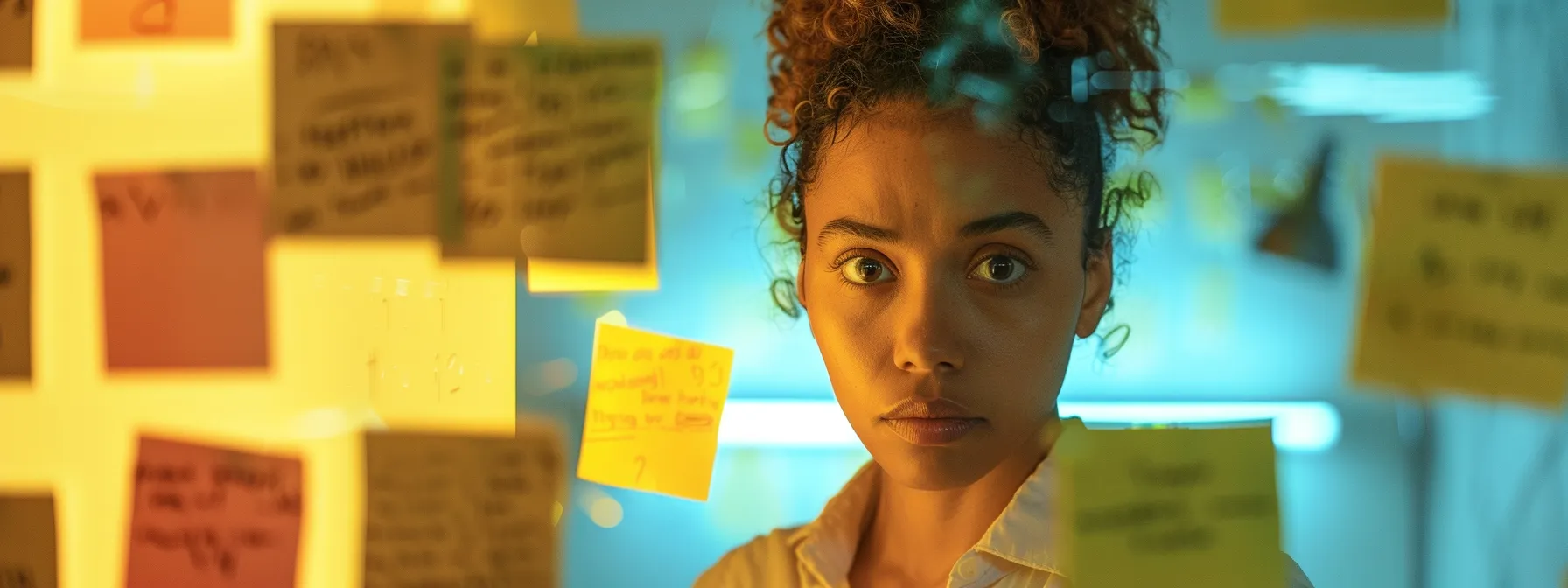 a person standing in front of a mirror, staring intently at their reflection with a determined expression, surrounded by sticky notes filled with negative thoughts and past experiences.