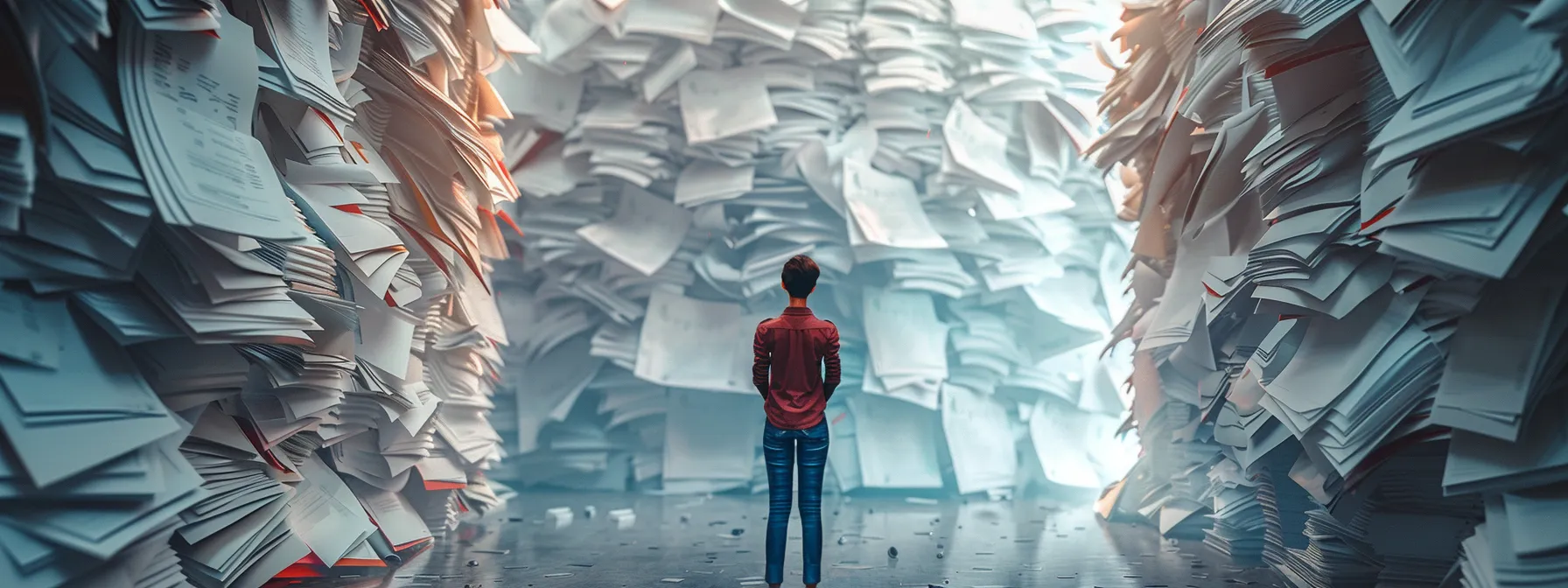 a person standing in front of a mountain of tasks, looking overwhelmed and unsure where to start.