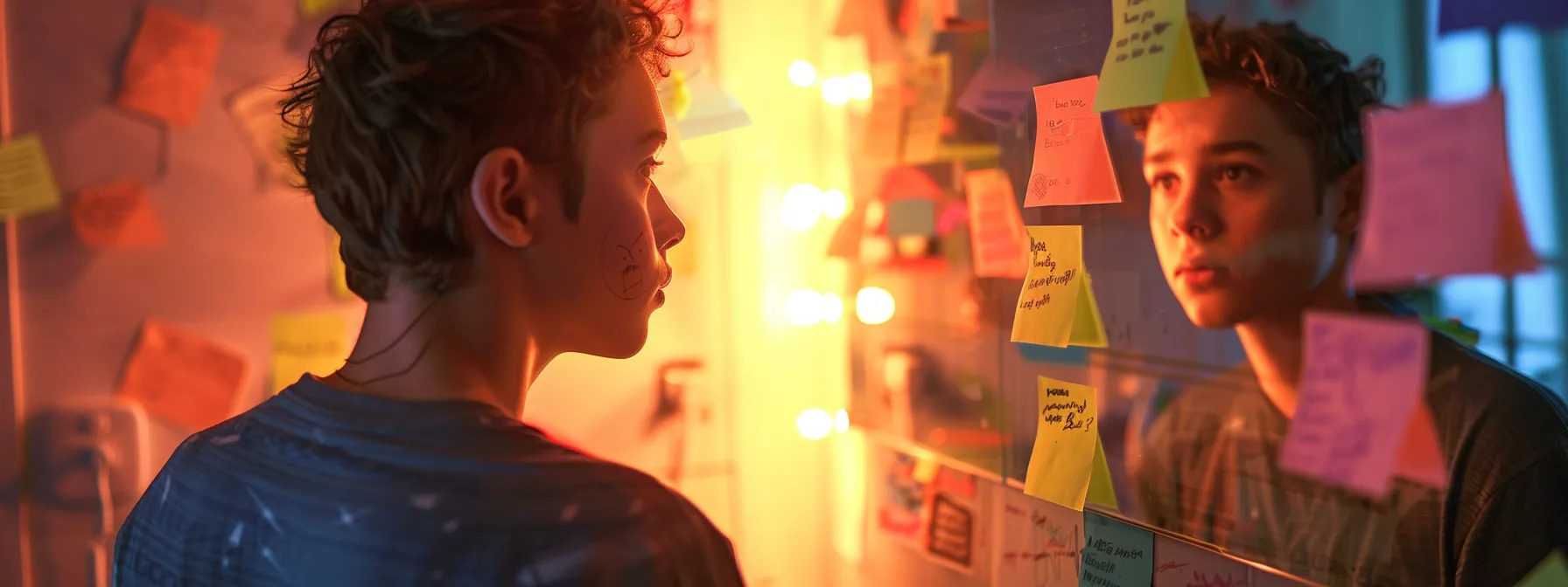 a person standing in front of a mirror, looking at their reflection with a determined expression, surrounded by sticky notes with positive affirmations written on them.