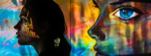 a person standing in front of a colorful, abstract mural, with a look of focus and determination.