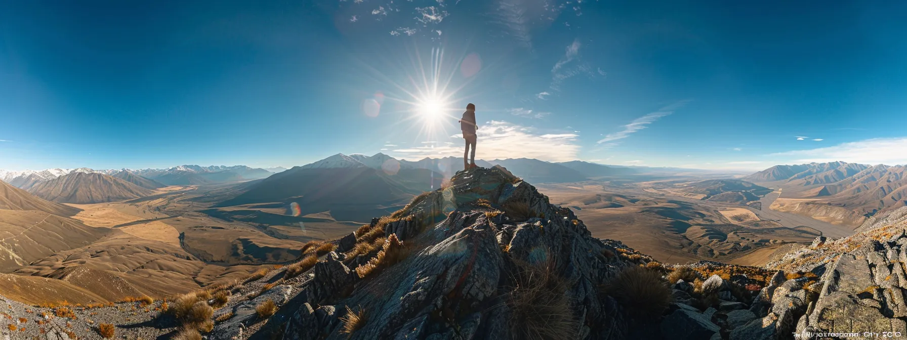 a person standing on a mountain peak, gazing towards a distant summit, symbolizing the journey of setting and achieving personal goals.