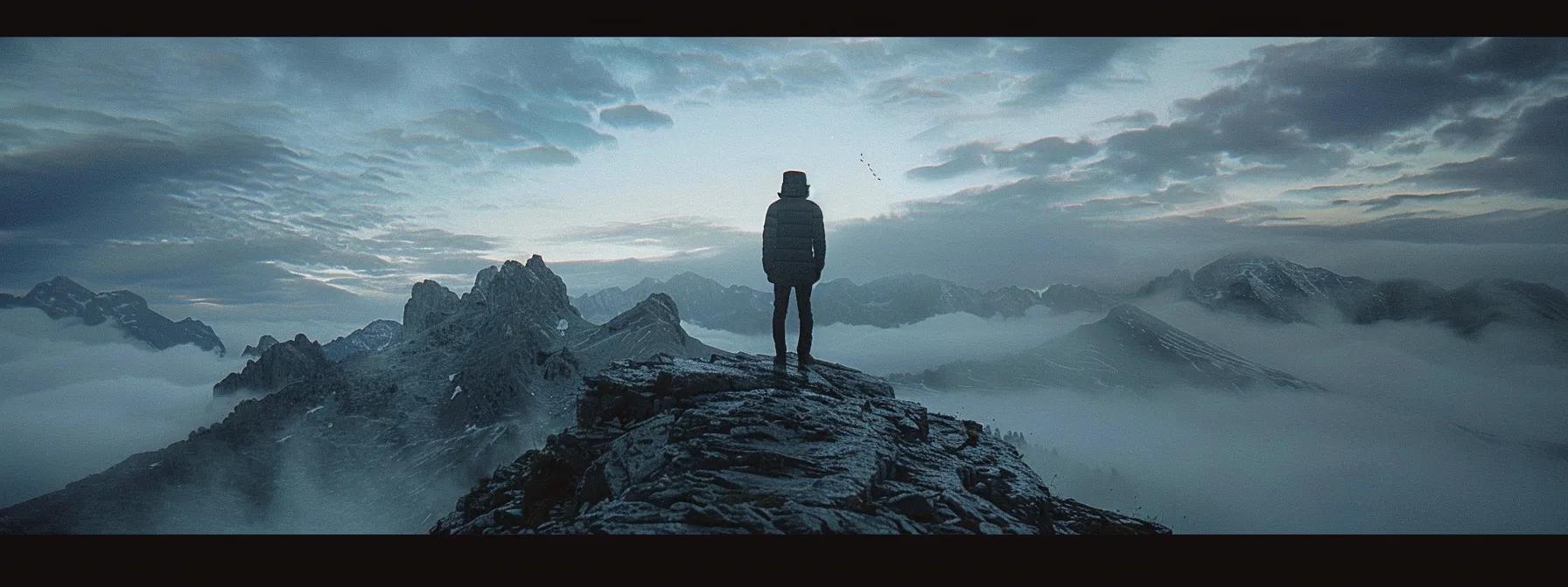 a person standing on a mountain summit, looking towards a series of higher peaks in the distance, symbolizing continuous growth and progress towards peak performance.