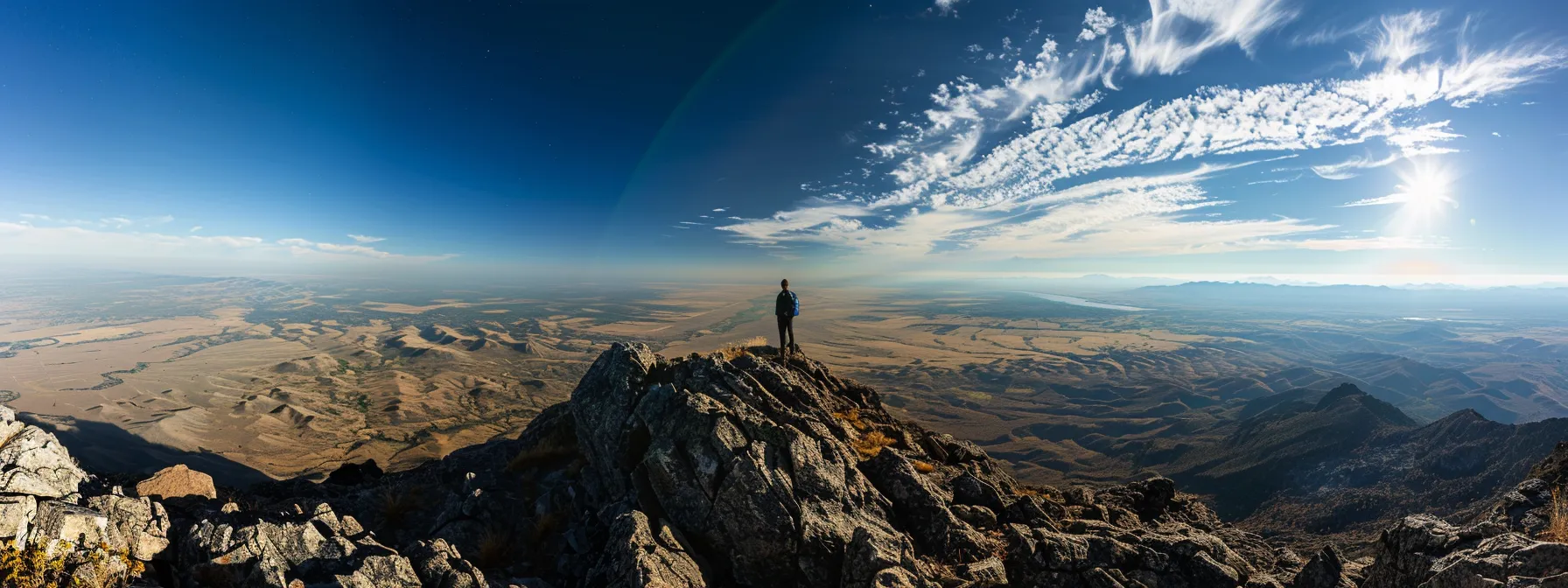 a person standing on a mountain peak, gazing out at a vast, inspiring landscape, symbolizing overcoming limiting beliefs and embracing a mindset of optimism and success.