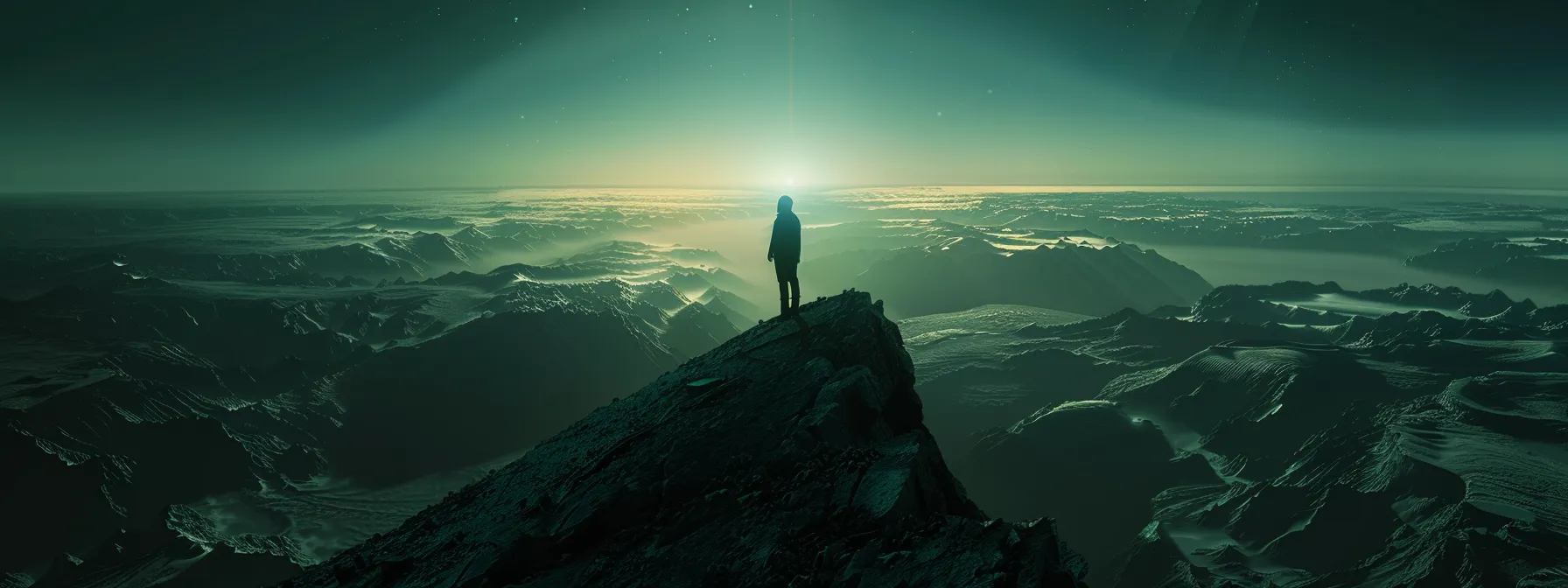 a person standing on a mountain peak overlooking a vast, new world below, symbolizing their personal growth through a paradigm shift.