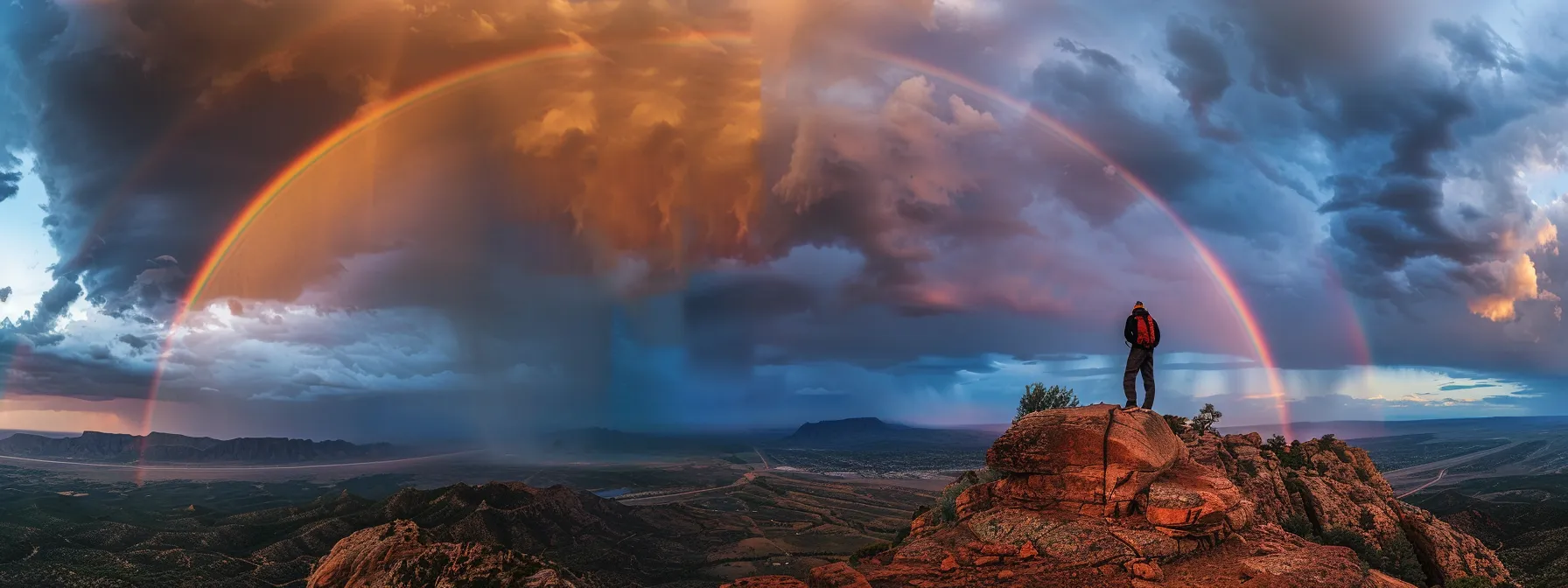 a person standing on a mountain peak, looking out at a stormy sky with a vibrant rainbow breaking through the clouds, symbolizing overcoming negative thoughts with positive outcomes.