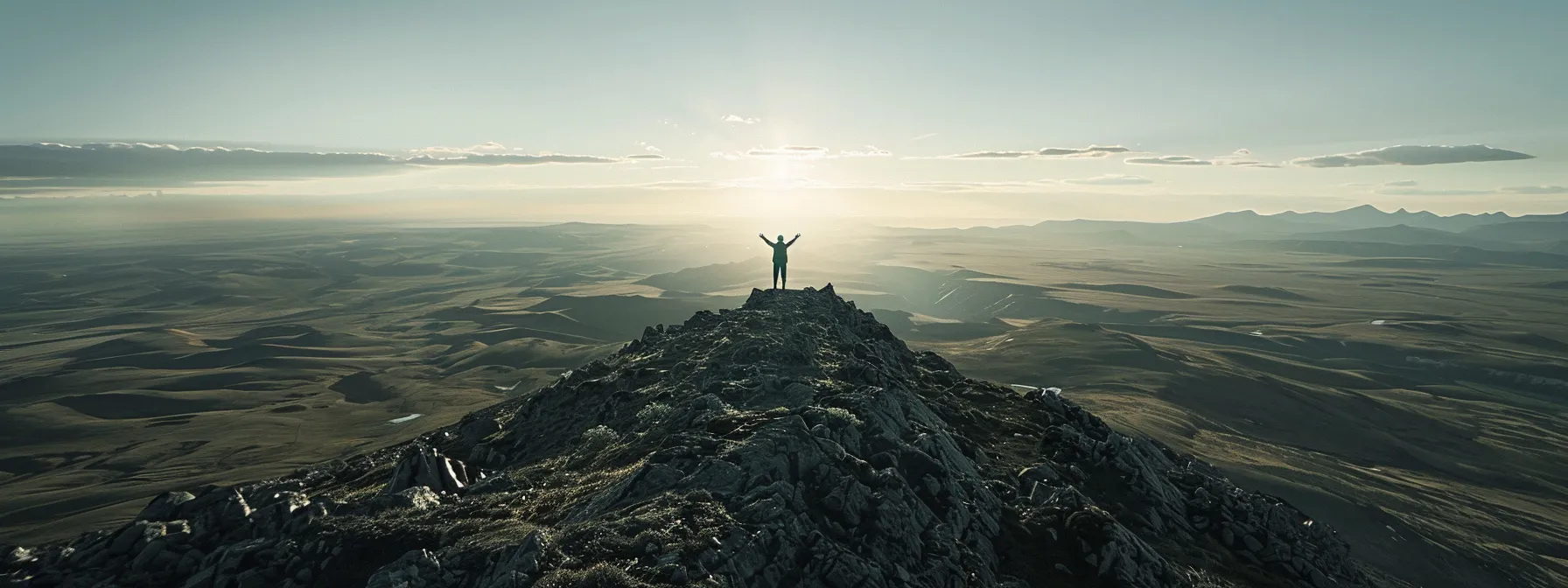 a person standing on top of a mountain, arms raised triumphantly, gazing at the distant horizon with determination and a sense of accomplishment.