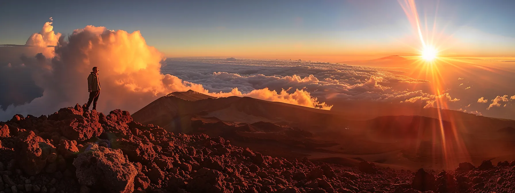 a person standing on top of a mountain, looking out at a beautiful sunrise, symbolizing strength and resilience in overcoming obstacles and staying motivated.