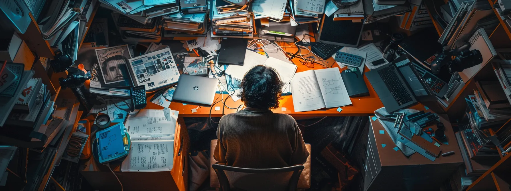 a person staring blankly at a cluttered desk, overwhelmed by the chaos before them, embodying the paralysis of procrastination.