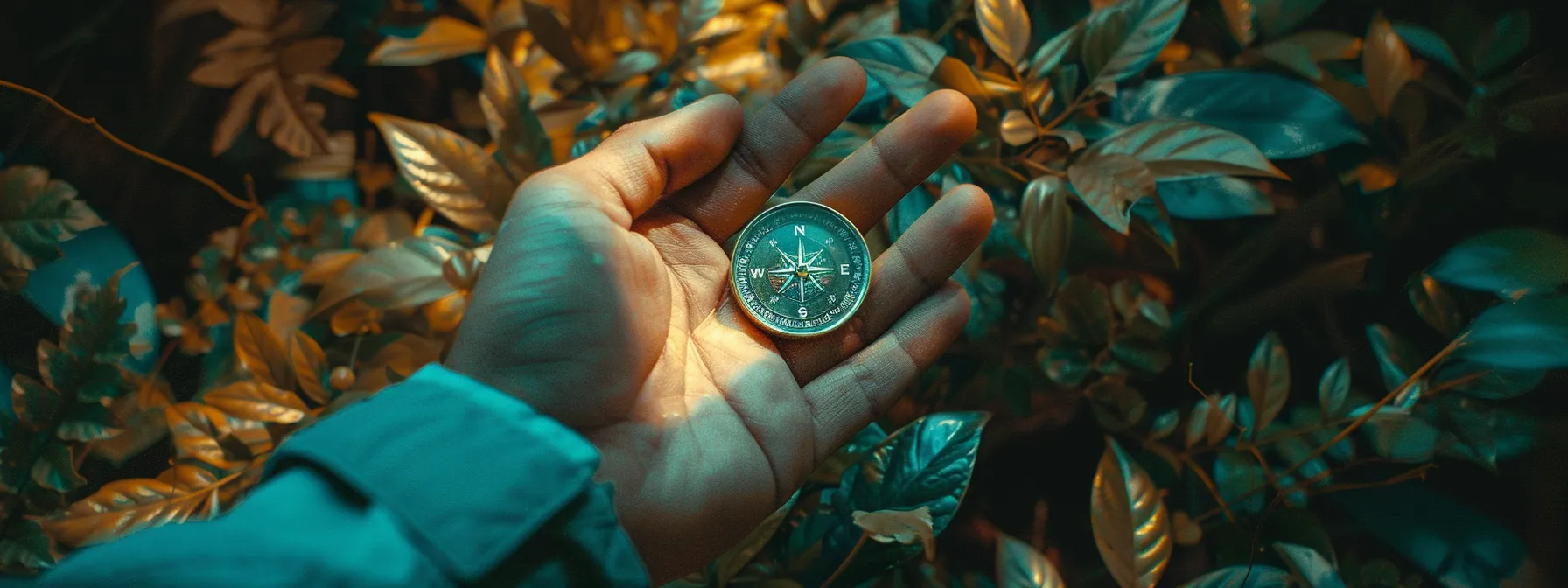 a person surrounded by a lush garden, symbolizing growth and resilience, while holding a compass to represent personal progress and achievement.