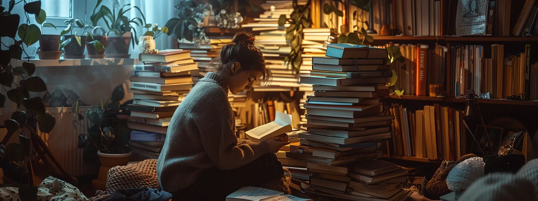 a person surrounded by a stack of books, a journal, and a motivational poster, cultivating habits for success and unlocking their full potential.