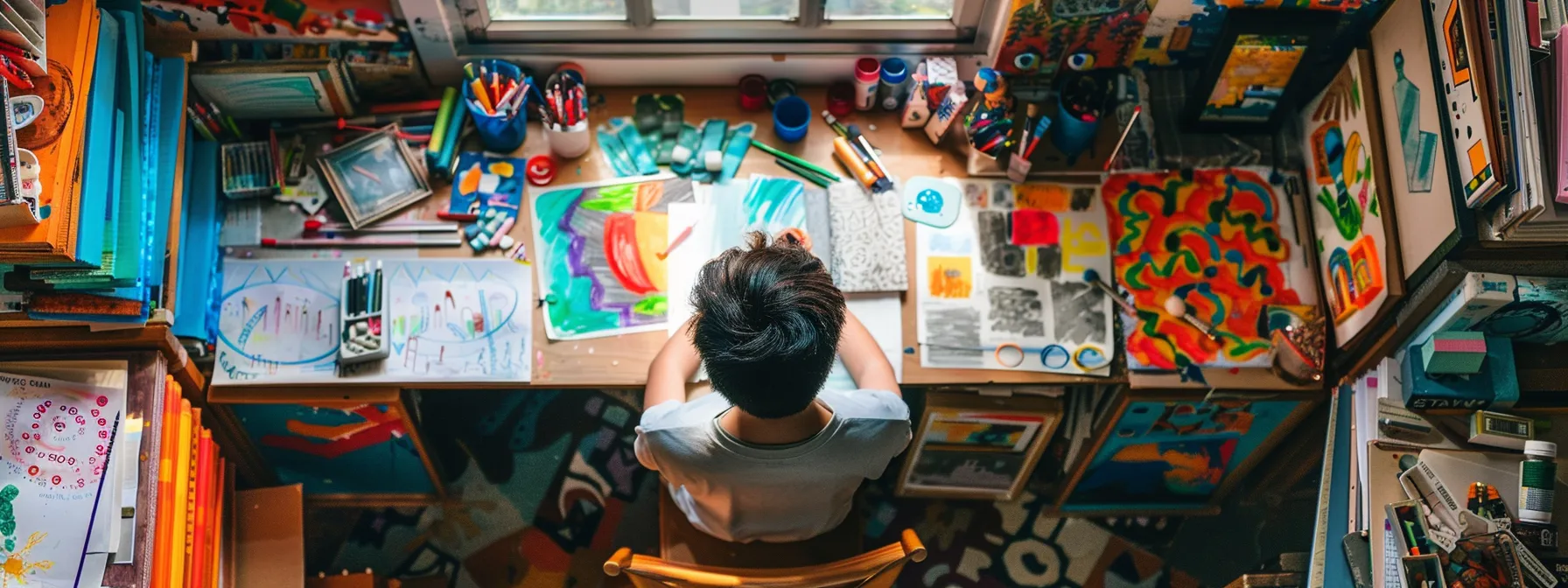 a person surrounded by colorful art supplies, books, and a variety of stimulating objects, showcasing a creative environment that fosters innovative thinking in daily life.