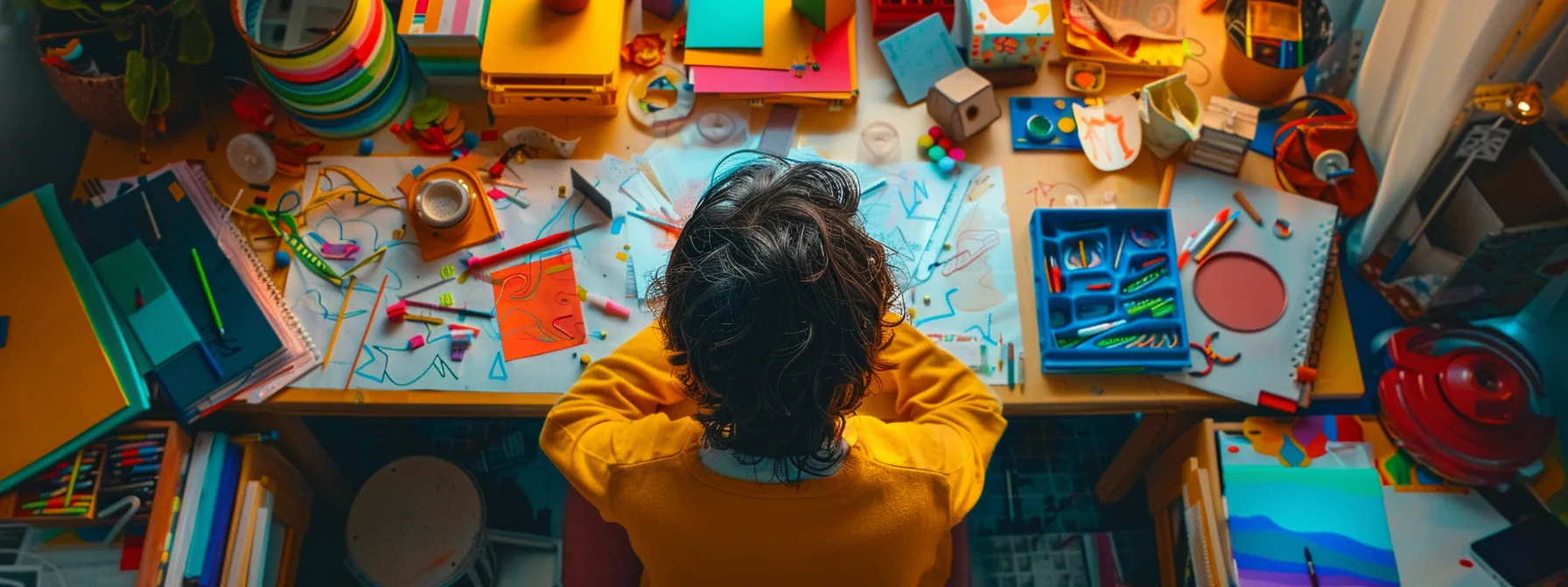 a person surrounded by colorful art supplies and brainstorming tools, deep in thought, exploring new perspectives and ideas through creative exercises.