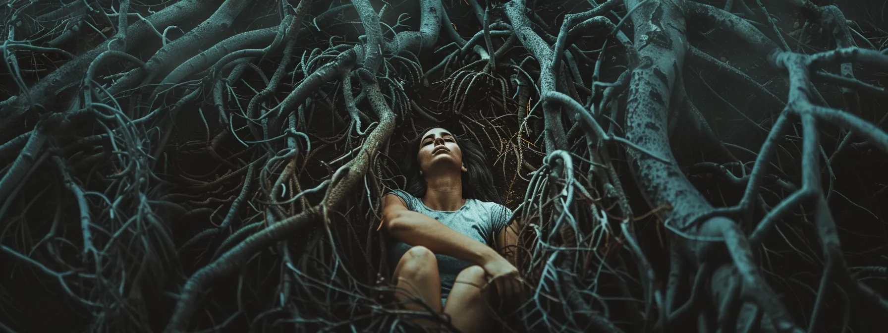 a person surrounded by tangled roots symbolizing common procrastination triggers like fear and low motivation.