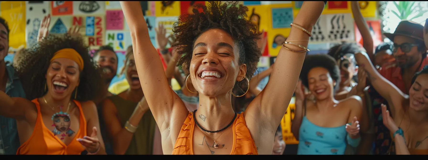 a person visualizing their goal with a vision board filled with inspiring images and words, surrounded by a supportive group cheering them on.