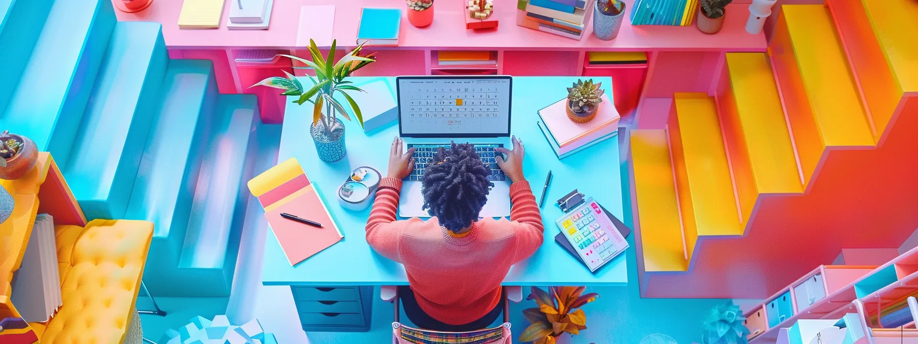 a person working diligently on a laptop surrounded by colorful productivity tools and apps, a calendar with realistic deadlines, and a staircase symbolizing taking small steps towards progress.