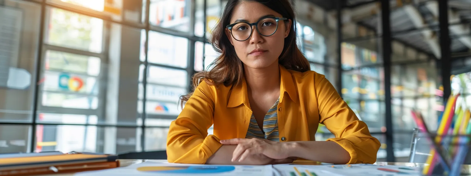 a professional sitting at a desk with a focused expression, surrounded by charts, graphs, and strategic plans, showcasing peak performance in action.