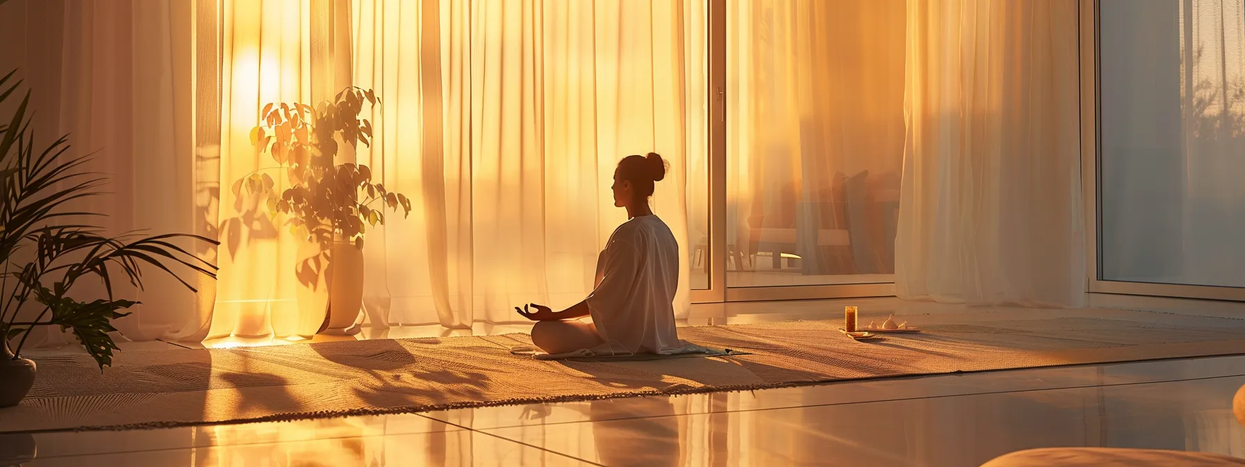 a serene individual meditating in a peaceful, sunlit room, surrounded by soft, calming colors and a clear mind.