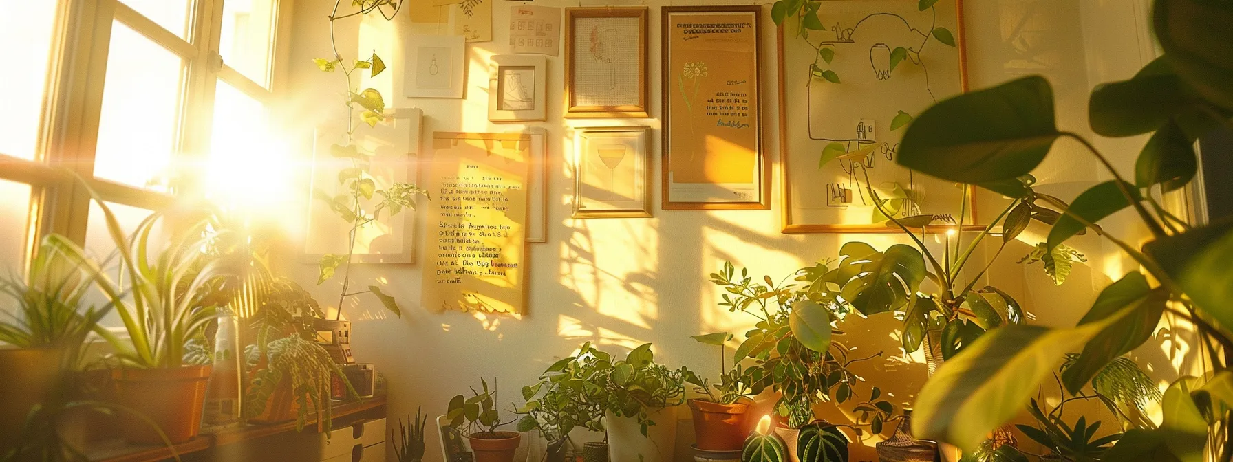 a serene, sunlit room with a vision board covered in inspiring quotes and images, surrounded by plants and natural light, reflecting positivity and growth for establishing new habits.