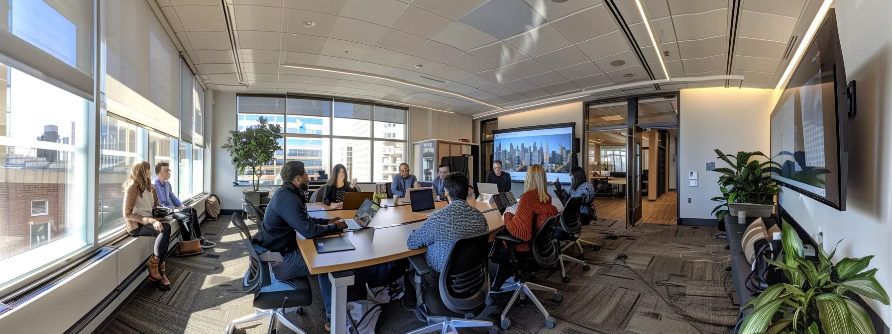 a team engaging in a lively discussion around a table with collaborative tools spread out, fostering open communication and productivity.