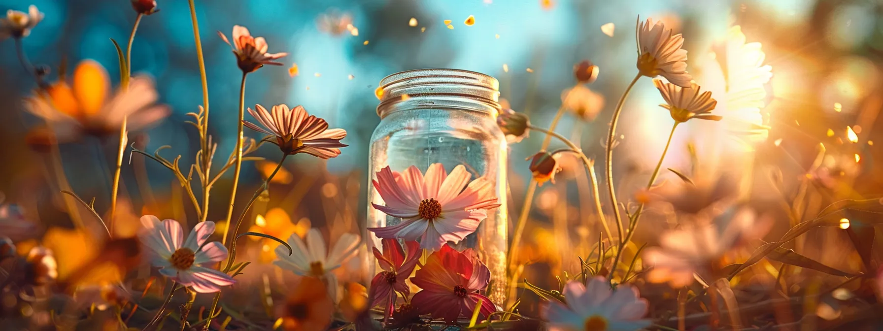 a wilted flower enclosed in a glass jar symbolizing a fixed mindset, surrounded by vibrant blossoms reaching towards the sunlight representing a growth mindset.