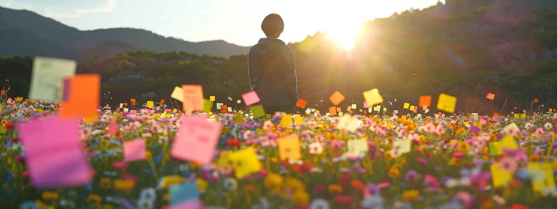 a person standing in a field of blooming flowers, facing the sun with a smile on their face, surrounded by uplifting messages written on colorful post-it notes.