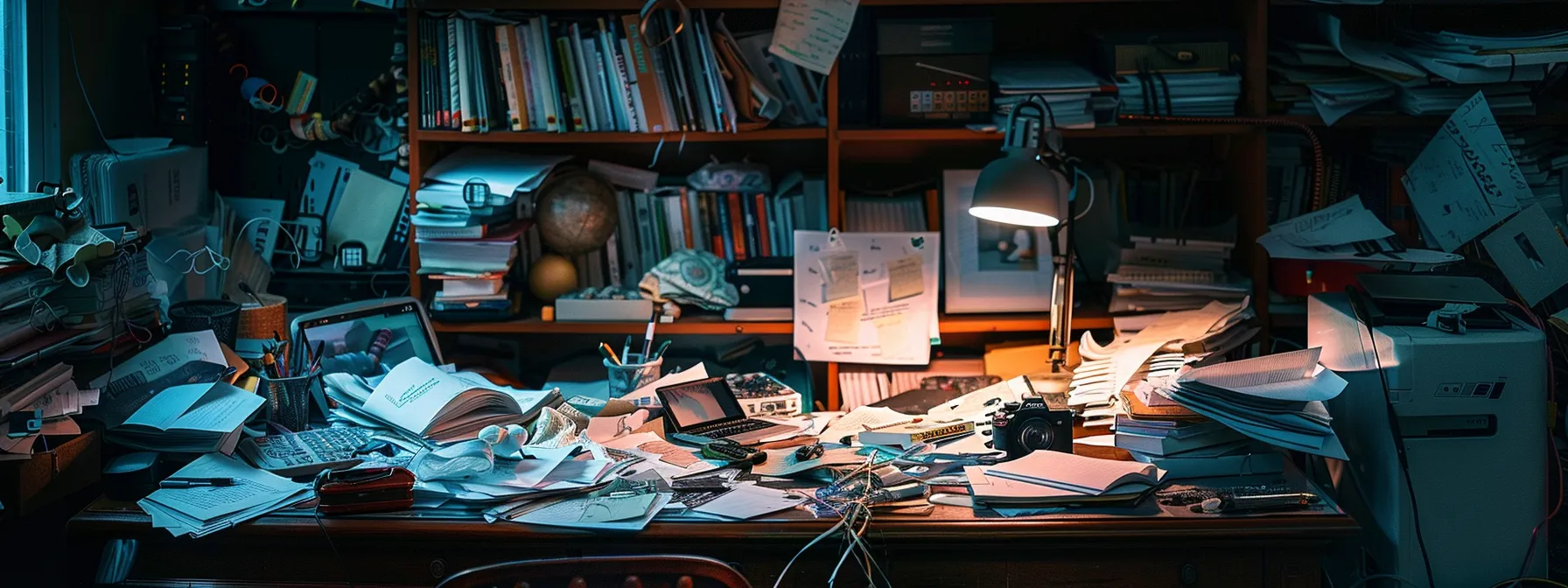 a cluttered desk with scattered papers and unfinished projects, symbolizing the impact of procrastination on achieving goals.