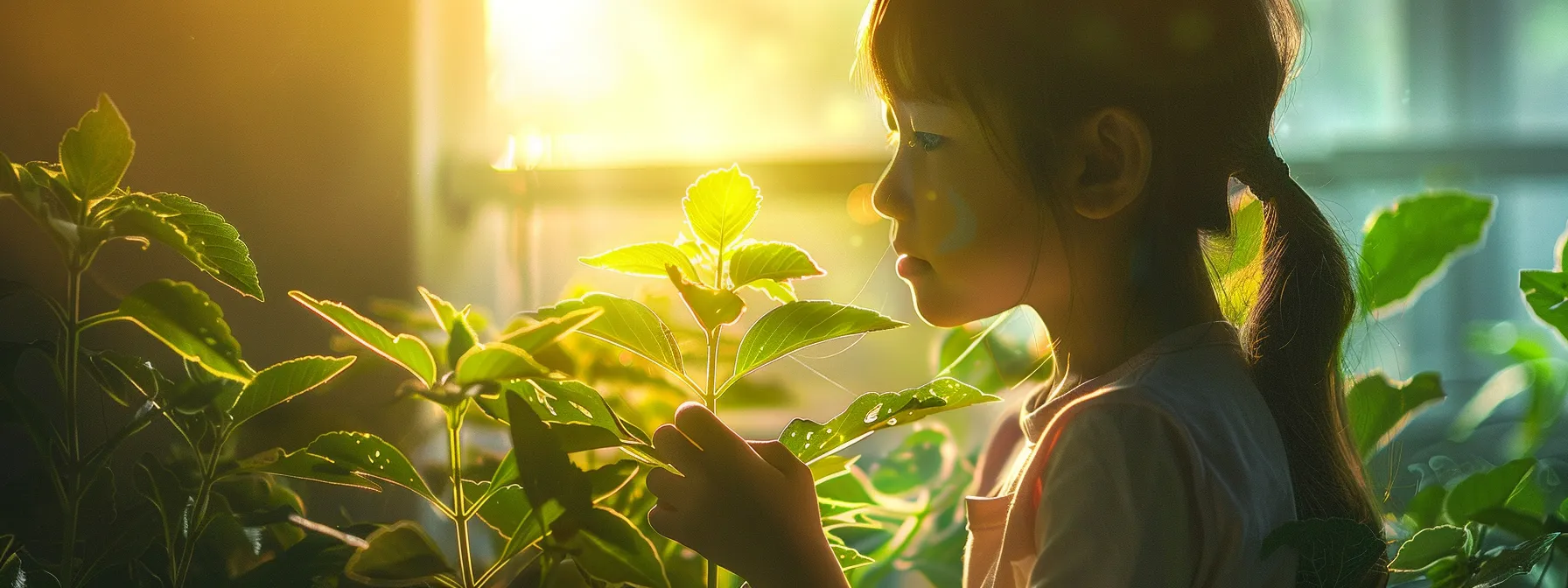 a young student eagerly examining a vibrant, blooming plant, symbolizing the idea of growth mindset and the potential for development with dedication and effort.