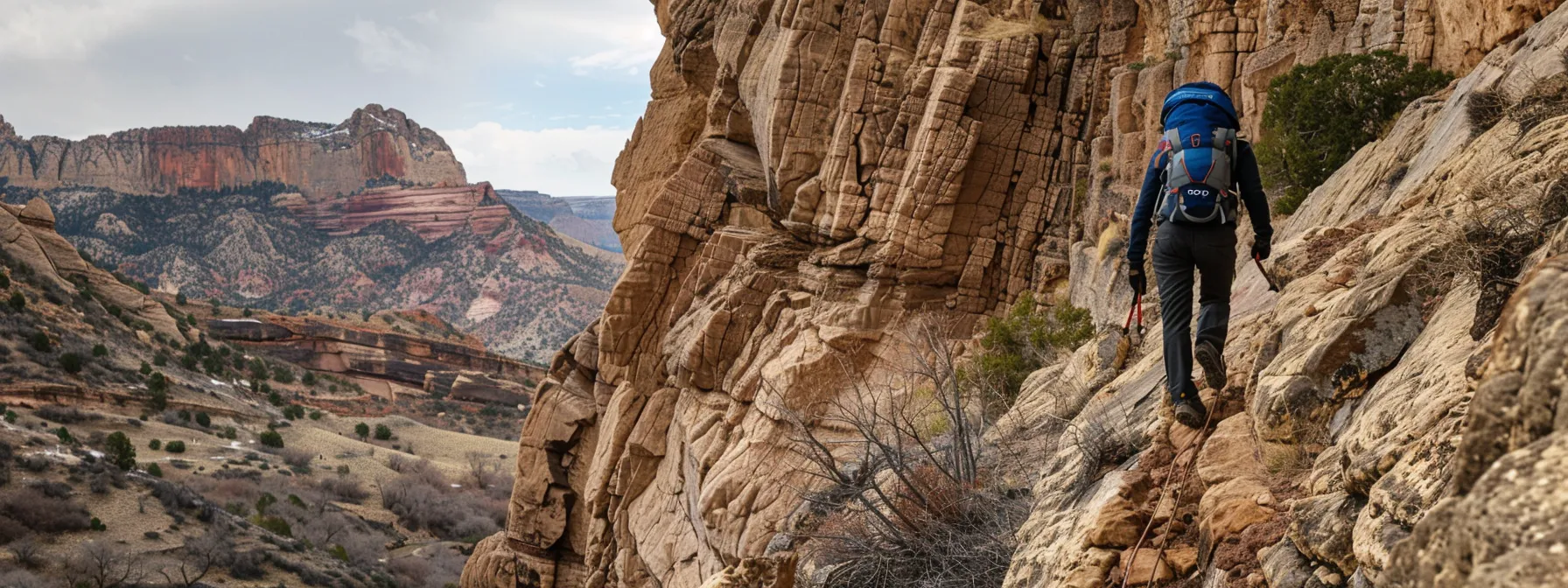 a determined hiker climbing a steep mountain trail, gazing towards the summit with unwavering focus and determination.