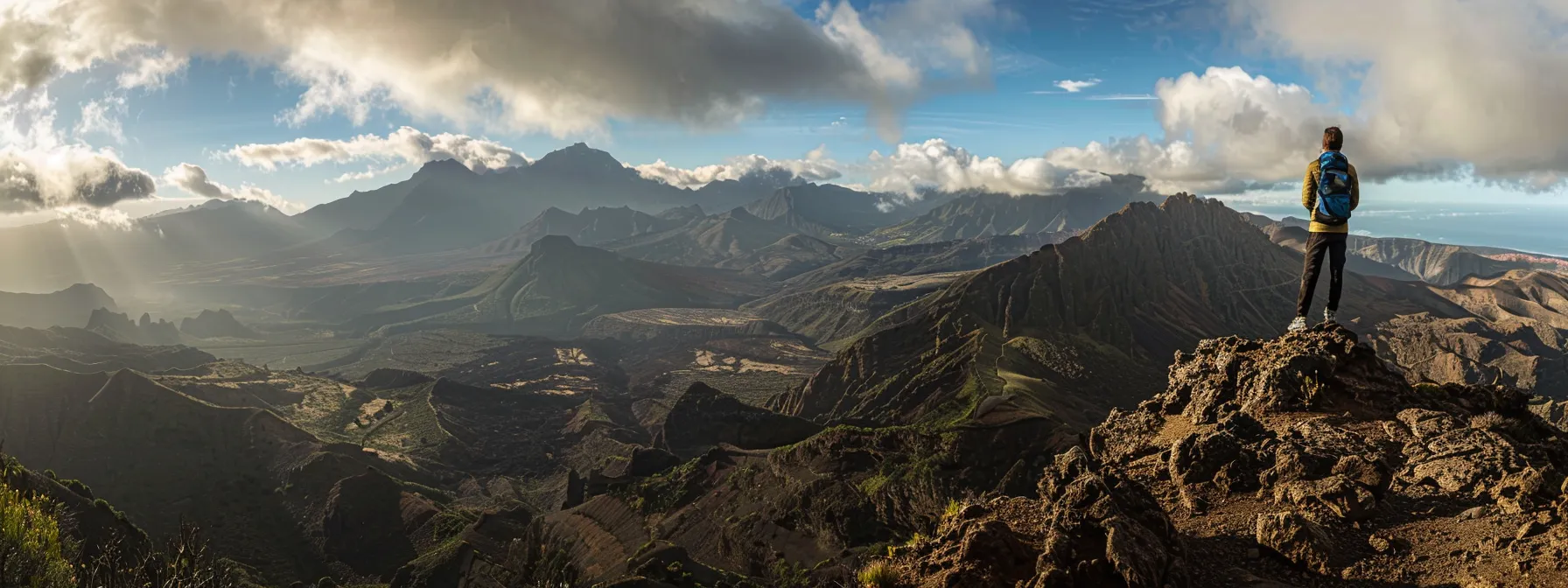 a person standing at the top of a mountain, looking out at a vast landscape filled with opportunities for growth and success.