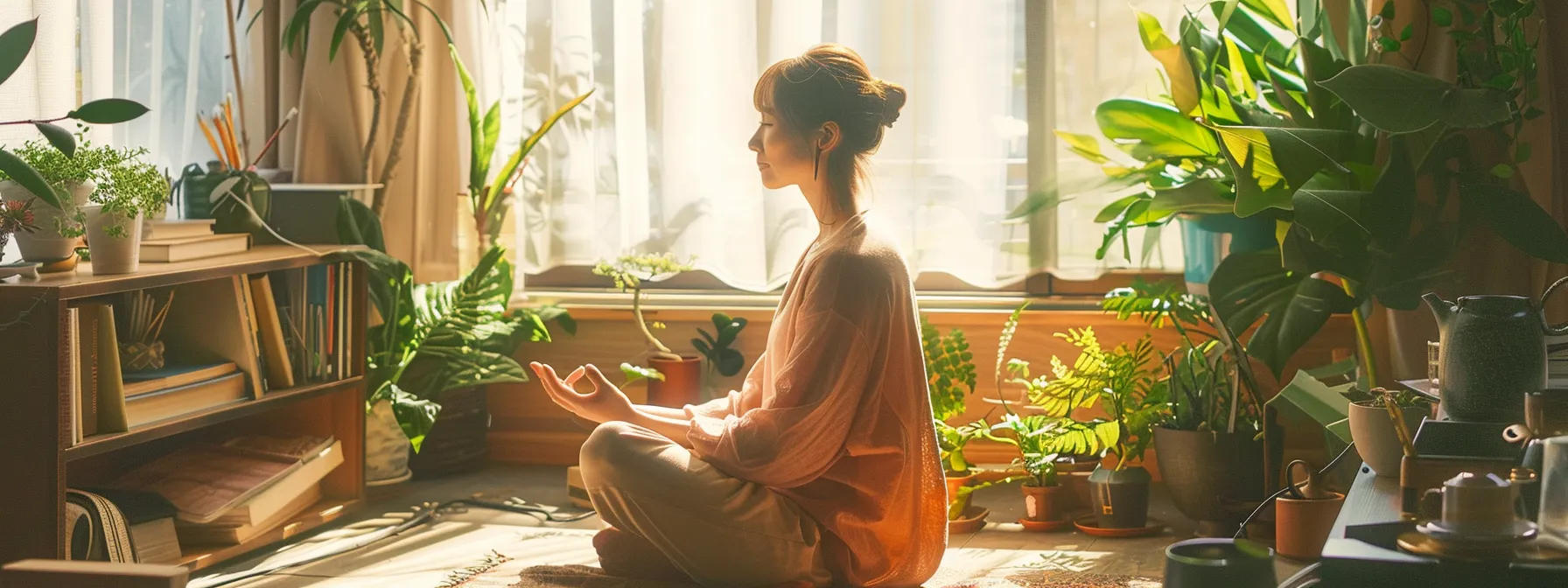 a person surrounded by a serene, clutter-free workspace, engaging in focused deep breathing exercises to enhance productivity.