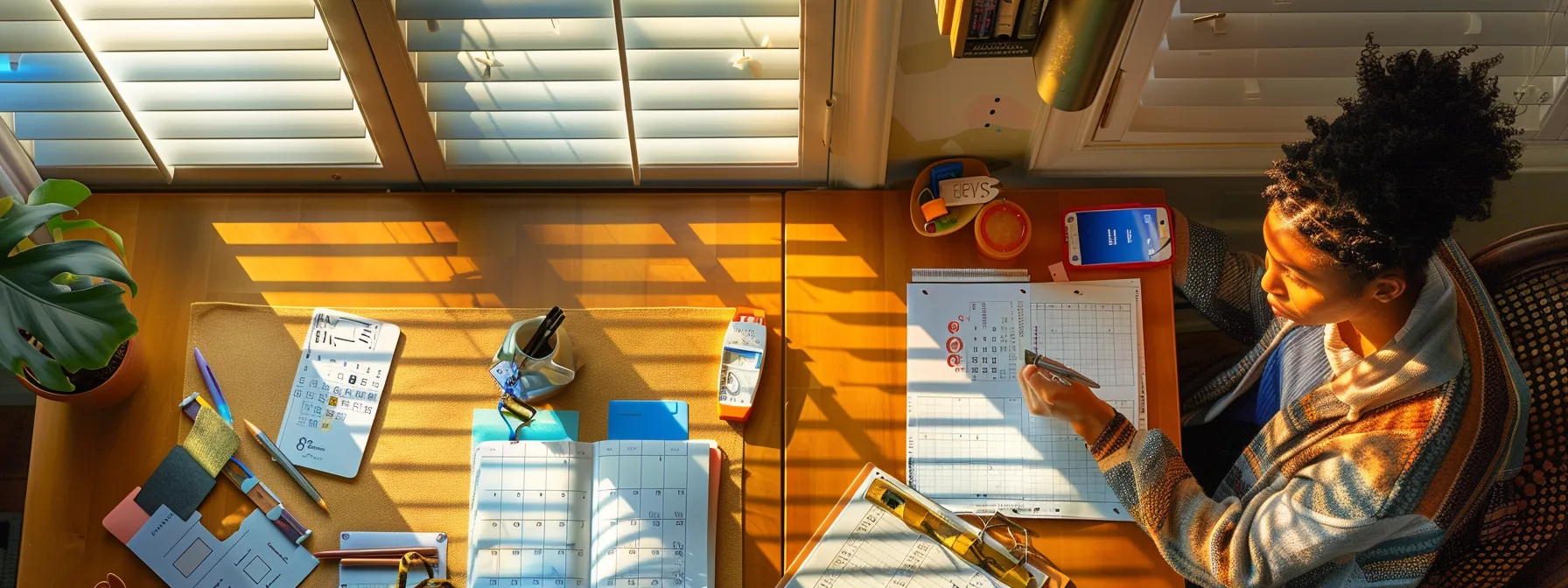 a person sitting at a desk with a calendar, planner, and phone, strategically organizing their schedule and tasks with a focused expression.