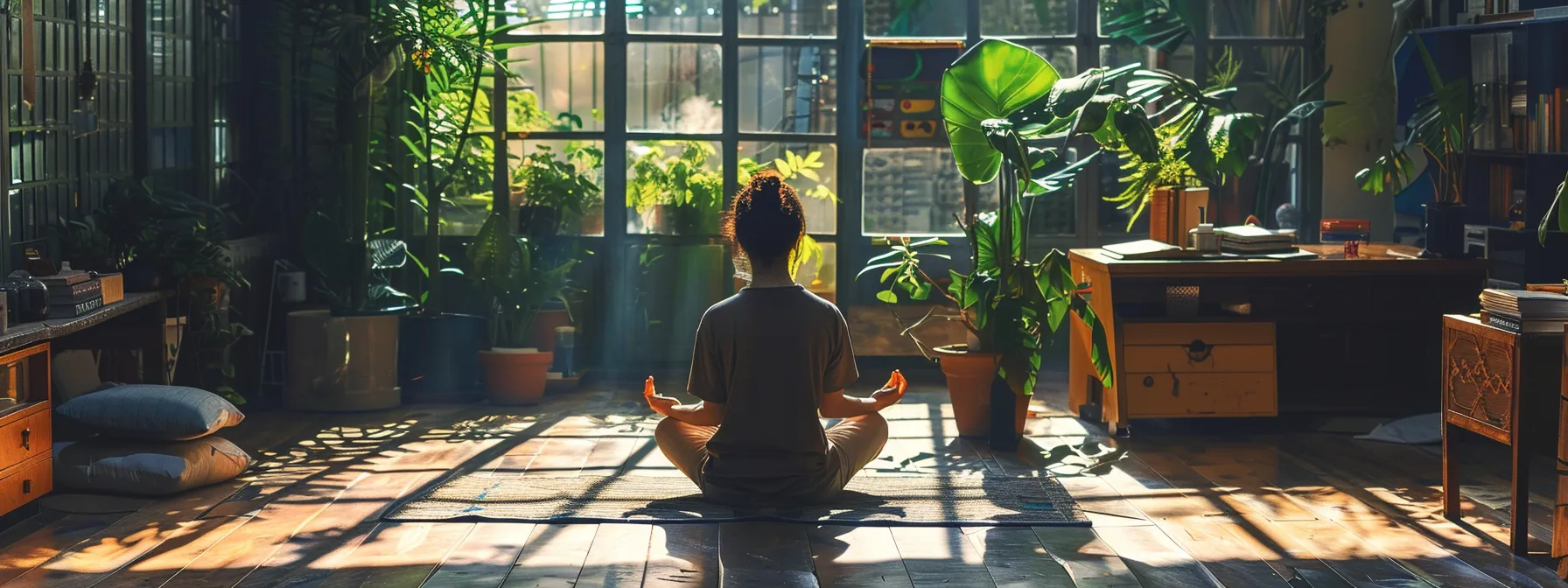 a person calmly meditating in a serene, clutter-free workspace to boost focus and productivity.