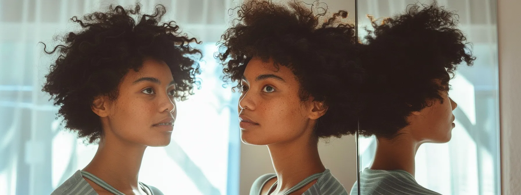 a person standing in front of a mirror, repeating affirmations with a determined expression on their face.