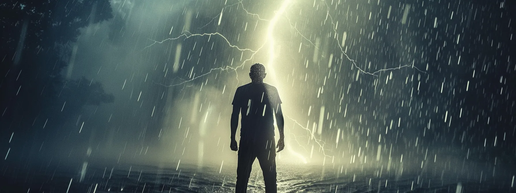 a figure standing resilient in the midst of a storm, surrounded by light and growth, symbolizing the journey of sustaining positivity for long-term achievement.