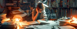 a person intensely pondering over a complex puzzle, surrounded by books, charts, and a glowing light bulb, symbolizing enhanced critical thinking leading to better results.