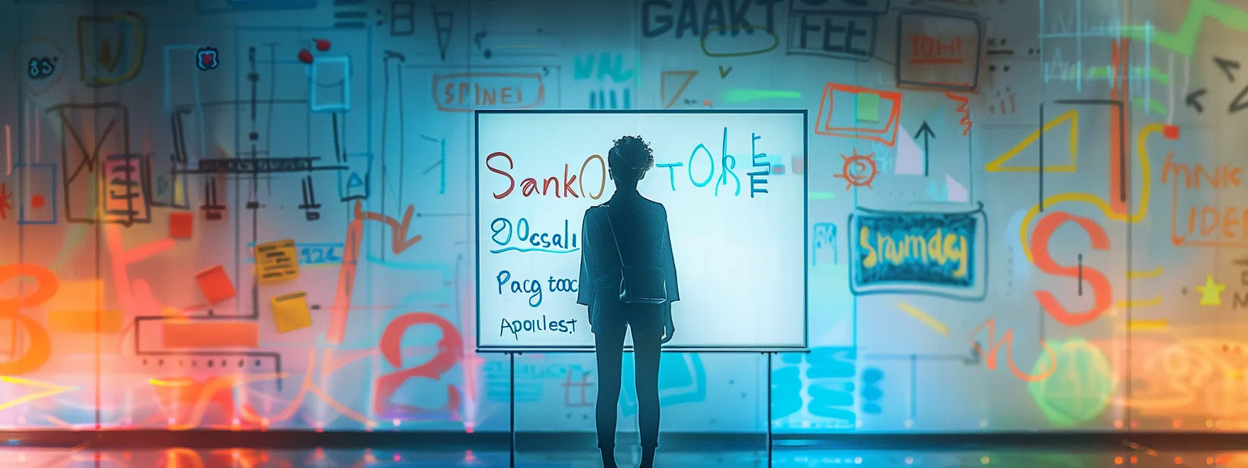 a person standing in front of a whiteboard with smart goals written in colorful, bold letters, surrounded by motivational quotes and images of success.