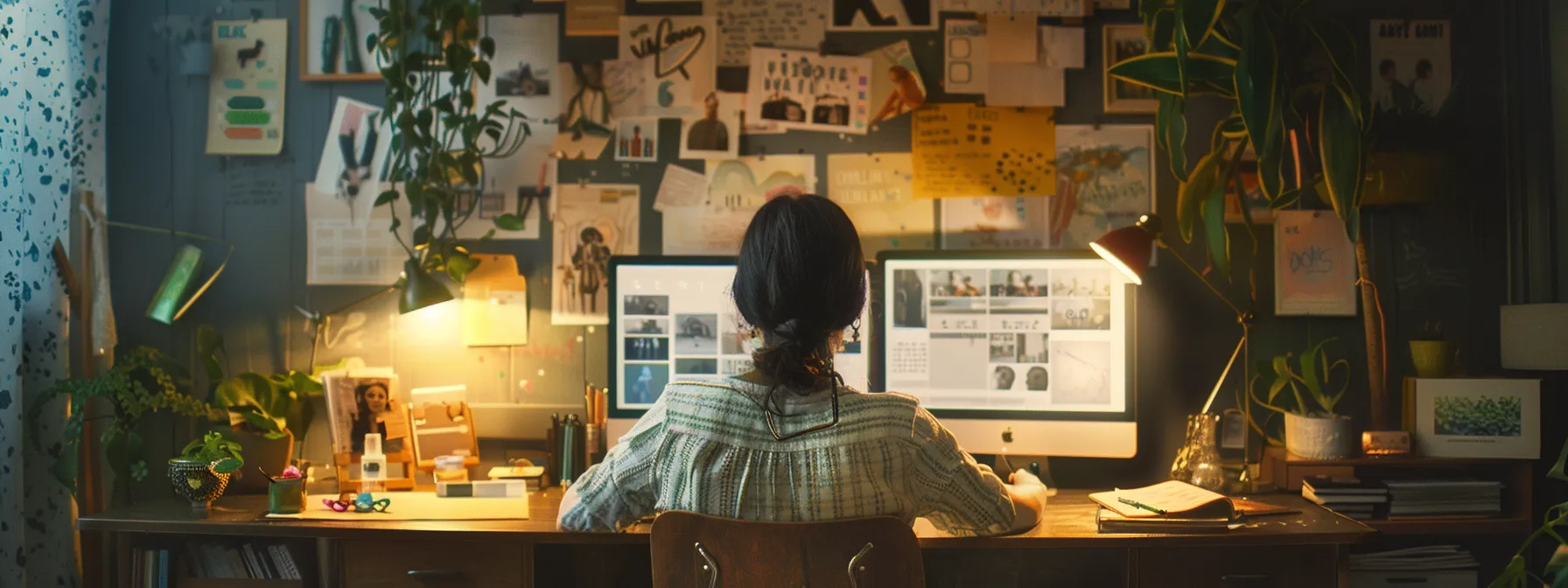 a person sitting at a desk, with a vision board filled with inspiring goals and achievements, surrounded by supportive friends and mentors.