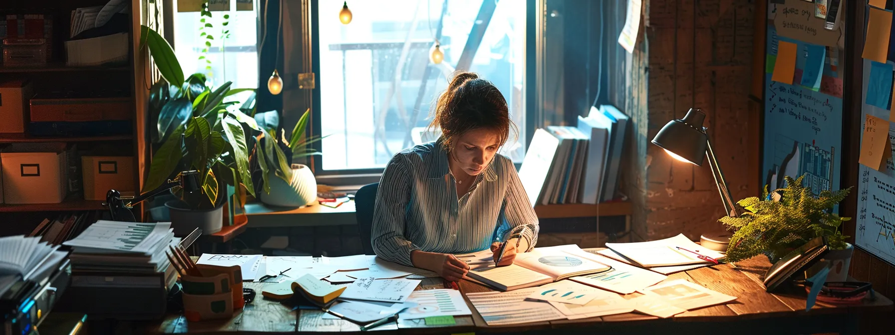 a focused individual sitting at a desk, surrounded by charts, graphs, and notebooks, engaged in deep contemplation and strategic planning for personal goal achievement.