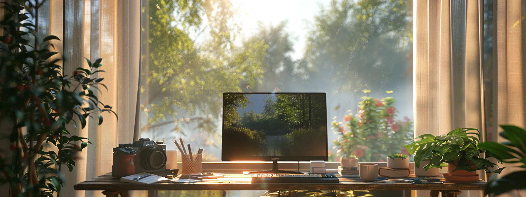 a clutter-free desk with a serene view of nature outside the window, creating a distraction-free workspace to maintain focus and productivity.