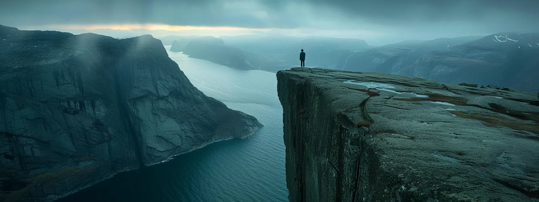 a person standing at the edge of a cliff, looking out at a vast horizon, symbolizing breaking free from comfort zones and embracing growth.