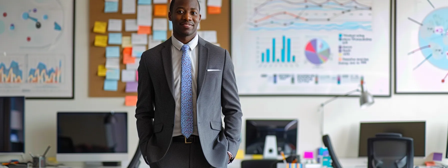 a confident professional standing in a bright, modern office space, surrounded by charts, graphs, and inspirational quotes, showcasing the success and growth achieved through utilizing psych-k techniques.