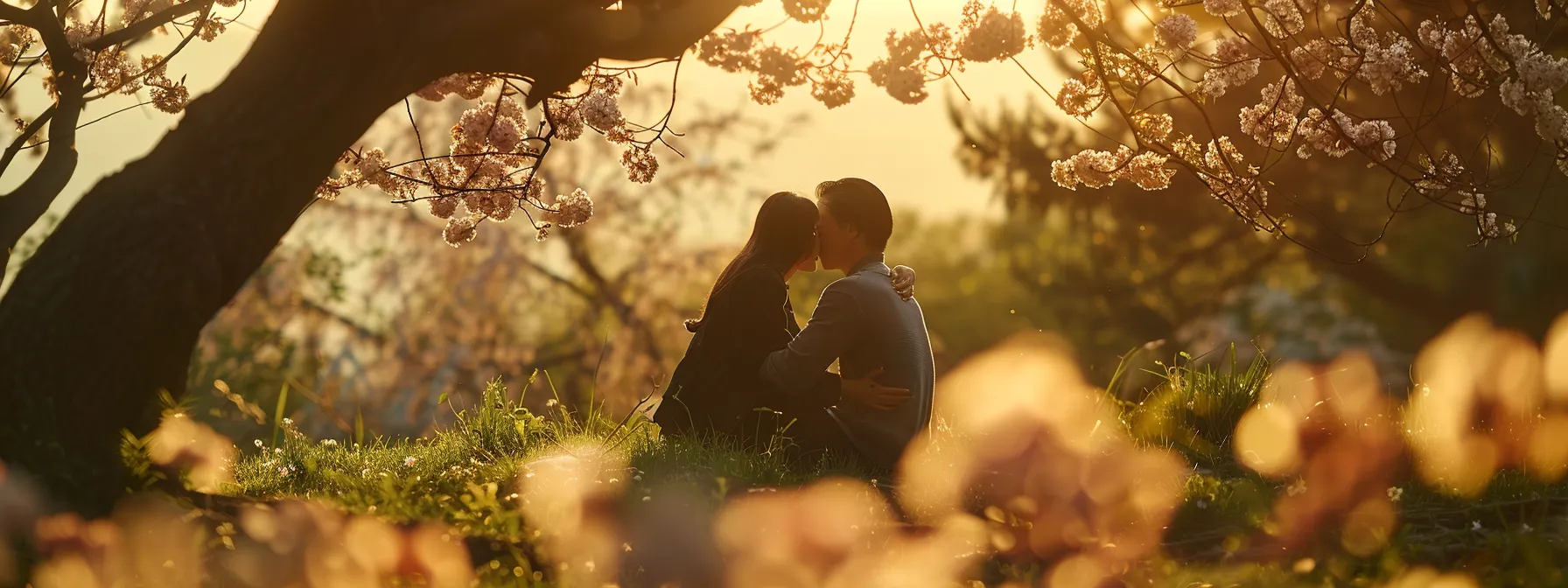 a couple embracing under a tree, surrounded by blooming flowers and gentle sunlight, symbolizing deep connection and harmony in relationships through psych-k techniques.