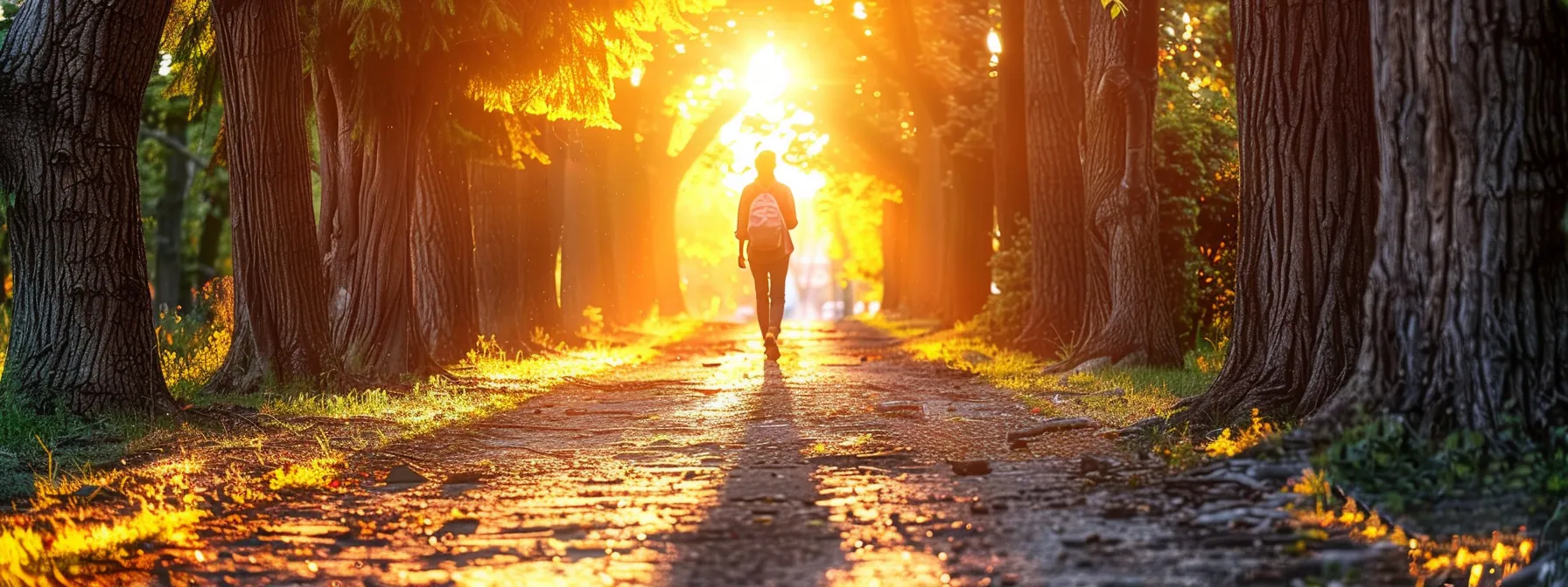 a determined individual walking on a sunlit path lined with towering trees, symbolizing the start of their journey towards unlocking prosperity.