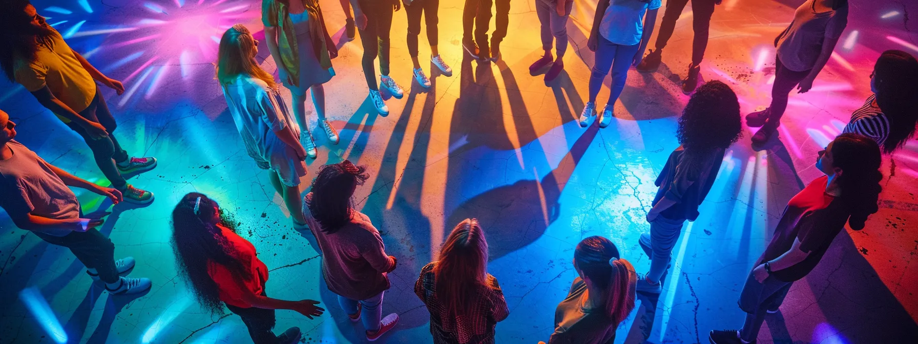 a group of individuals standing in a circle, surrounded by vibrant energy radiating from their souls, symbolizing the exploration of advanced psych-k workshops.