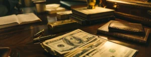 a luxurious office desk scattered with a golden fountain pen, stacks of money, and a leather-bound copy of "you were born rich."