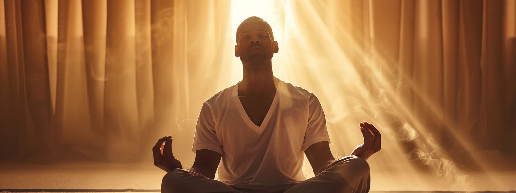 a man in deep meditation, surrounded by a calming aura of healing energy, symbolizing the profound impact of psych-k techniques on health transformation.