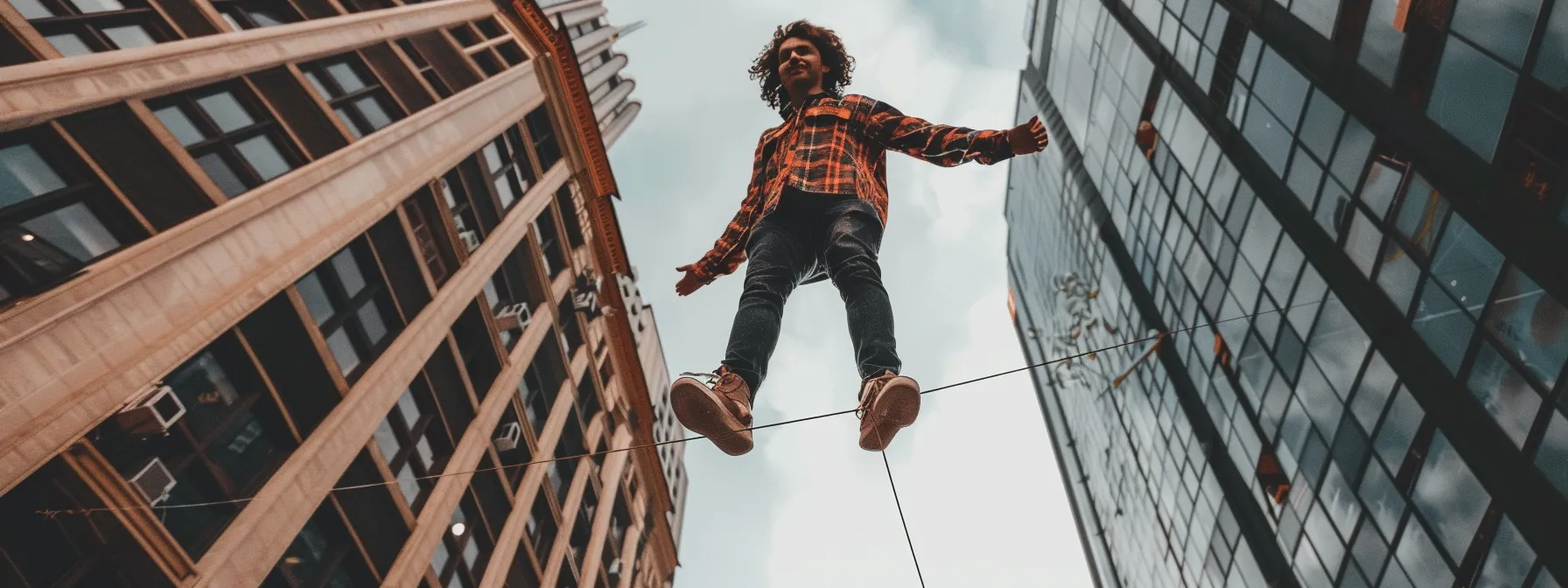 a person confidently balancing on a tightrope between two tall buildings, demonstrating the step-by-step guide to managing human behavior through subconscious change in psych-k.